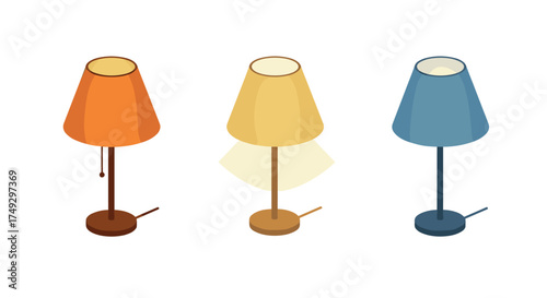Isometric table lamps in orange, yellow, and blue light