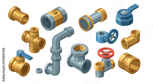 Isometric plumbing components: detailed collection of industrial pipe fittings and valves