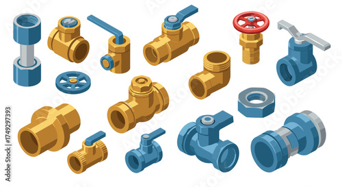 Isometric plumbing valves and pipe fittings in blue and gold tones