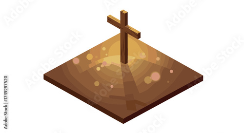 Isometric wooden cross on desert sand with light particles
