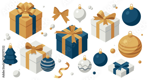 Festive holiday decorations with gift boxes and ornaments in isometric style
