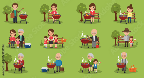 A repeating pattern of cartoon people barbecuing sitting and eating outdoors