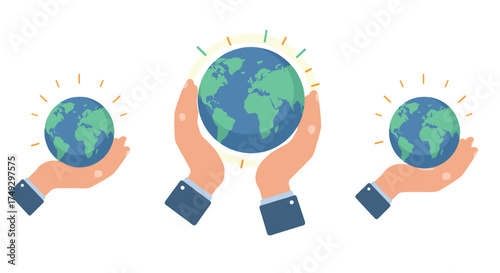 Hands holding earth globe: sustainability and global unity concept in flat design