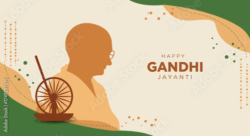 Celebrate Gandhi Jayanti with this elegant minimalist design featuring a profile silhouette and spinning wheel, ideal for cultural events and educational projects