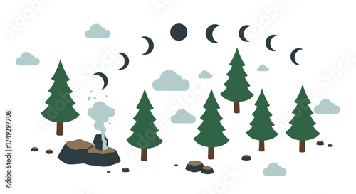 Mystical forest scene with moon phases and smoky campfire