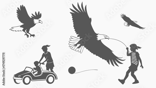 Vector Silhouette Set of Flying Eagles and Children Playing Outdoor Activities Mother and Kid in Toy Car Graphic Design