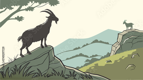 Confident Goat Leader Standing on Mountain Peak Achievement Vision Challenge Success Strategy Illustration