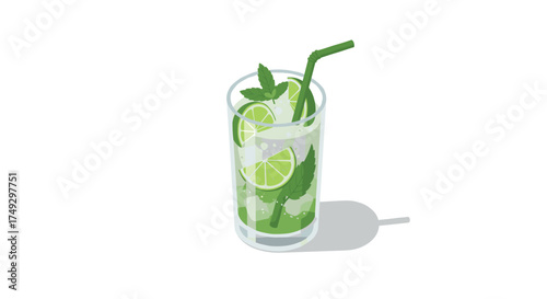 Refreshing glass of mojito with lime, mint, and ice cubes in isometric style