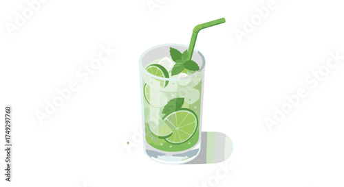 Refreshing mojito drink with lime and mint in a glass with a straw