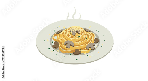 Steaming plate of creamy mushroom pasta with parmesan and herbs