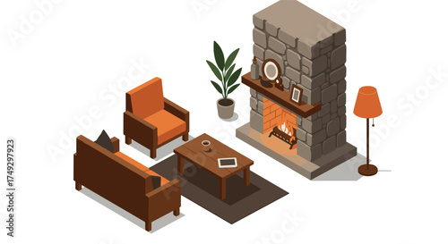 Cozy isometric living room with fireplace and modern furniture