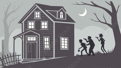 Kids with Flashlights Investigating Spooky Old House at Night for Mystery Adventure Stories or Halloween Marketing