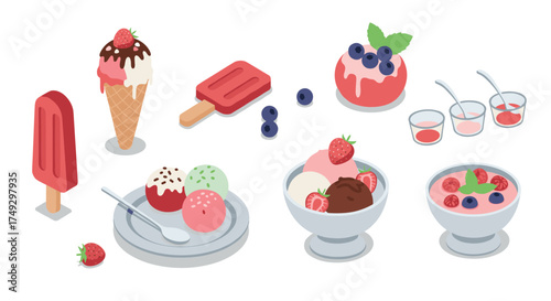 Colorful assorted ice cream and frozen treats in isometric style with fresh berries