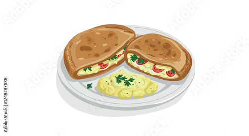 Delicious breakfast pita with scrambled eggs and herbs on a plate