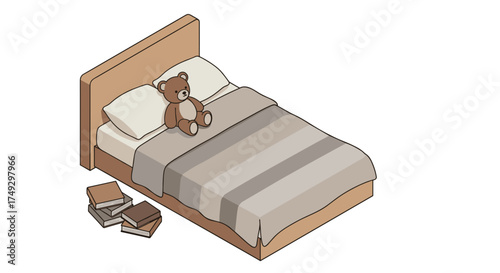 Cozy bedroom with teddy bear on bed and stacked books in isometric style