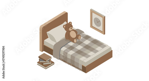 Cozy isometric bedroom with teddy bear and books in minimalist style
