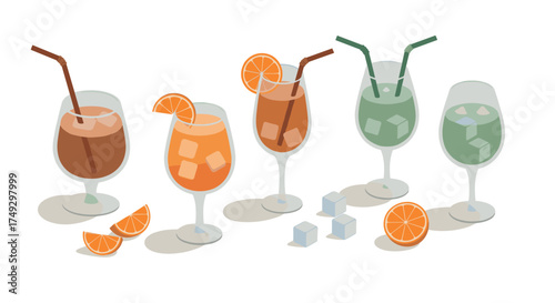 Refreshing fruit beverages with ice cubes and orange slices in stylish glasses on white background