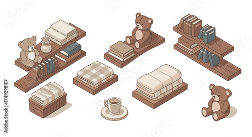 Cozy bear-themed shelves with books, cushions, and a coffee cup in isometric style