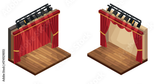 Isometric theater stages with red curtains and wooden floors