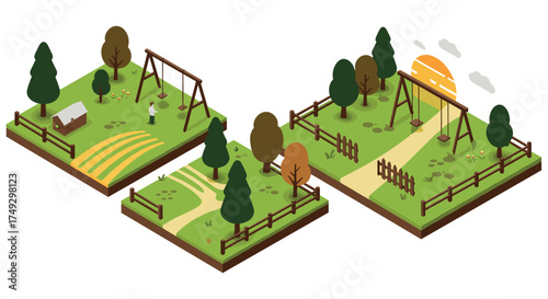 Isometric park landscape with playground swings and sunset scene