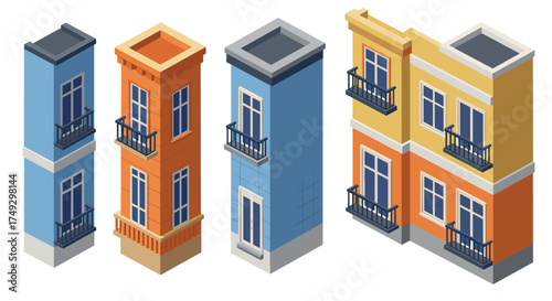 Isometric cityscape facades with colorful modern architecture designs