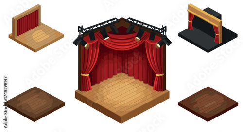 Isometric theater stage set with red curtains and wooden platforms