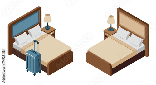 Isometric hotel room scene with suitcase on bedside carpet