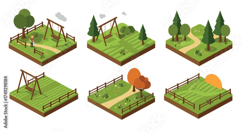 Isometric playground and park elements with trees and natural scenery