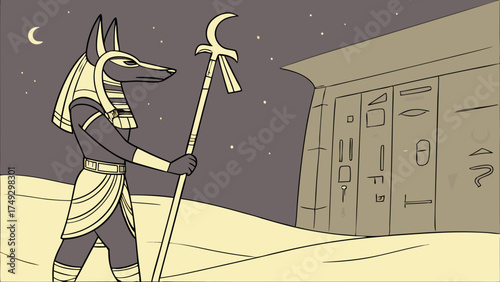 Ancient Egyptian Deity Guarding Tomb Entrance Under Night Sky for History, Mythology, or Game Design Projects