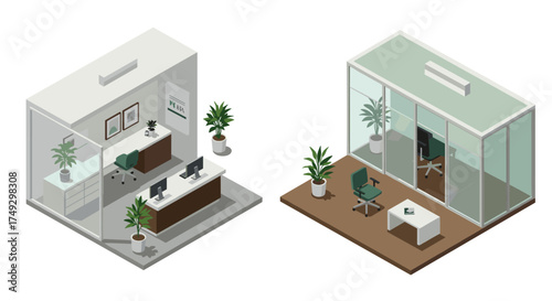 Modern office spaces with glass walls and greenery in isometric style