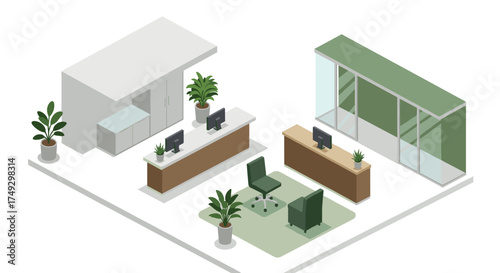 Modern office interior design with isometric furniture and plants