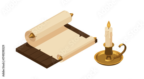 Ancient scroll and candle on wooden table in isometric view