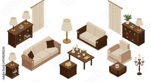 Modern isometric living room furniture set with sofas and decor elements