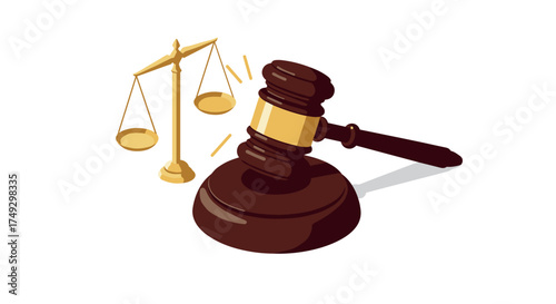 Gavel and scales of justice in 3d art on white background