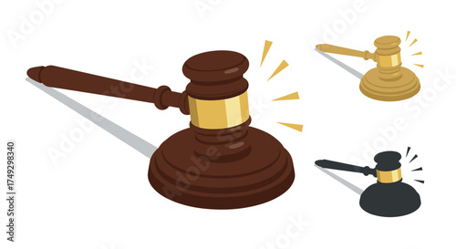 Isometric gavel collection in different colors: brown, gold, and black variations