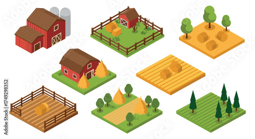 Isometric farm elements set with barn, trees, and fields