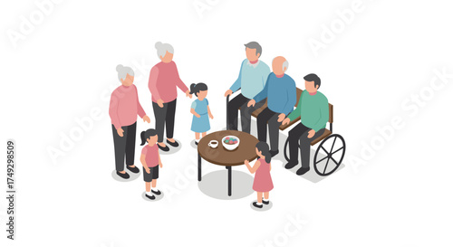 Multigenerational family gathering around table in isometric style