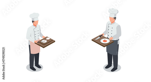 Isometric chefs presenting gourmet dishes on wooden platters