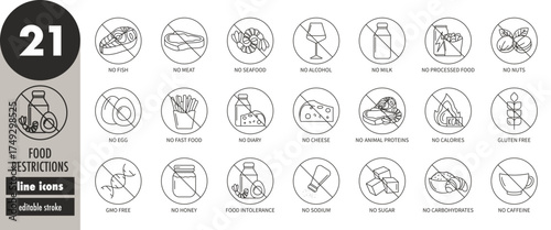 Food restrictions editable stroke thin line icons very big set. No nuts, no sugar, no diary, no meat, no seafood, no calories, no processed food, no alcohol, gmo free, gluten free, vector illustration
