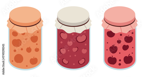 Colorful jars of jam with cute fruit patterns in flat design style