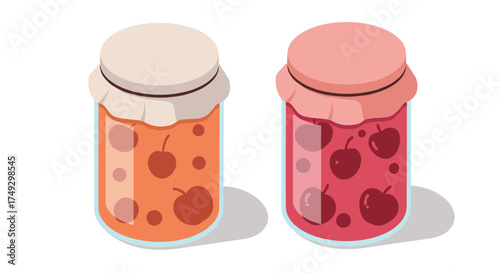 Colorful isometric jars of fruit jam with decorative lids on white background