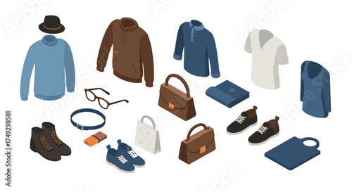 Isometric fashion essentials: hats, sweaters, shoes, bags, and accessories
