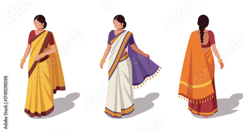 Traditional indian women's attire in vibrant isometric style