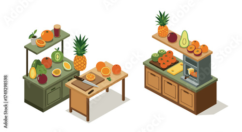 Isometric kitchen counter with fresh tropical fruits and juicer