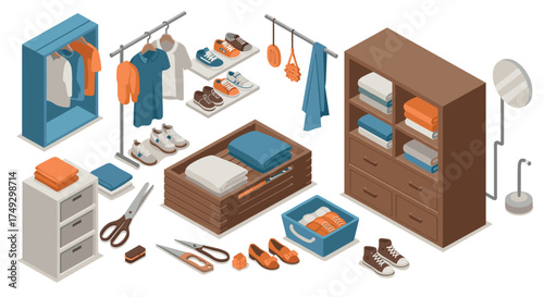 Modern isometric wardrobe organization with clothes and accessories for stylish space
