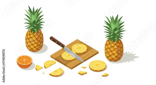 Isometric pineapple and orange slices with knife on cutting board