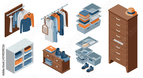 Isometric wardrobe design with storage solutions and organizing ideas