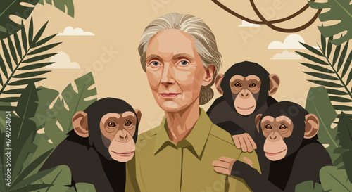 Celebrate wildlife conservation with this powerful portrait of a primatologist among chimpanzees, ideal for educational materials, environmental campaigns, and nature documentaries