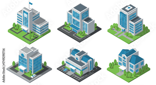 Isometric hospital buildings collection with modern architecture and landscaped surroundings