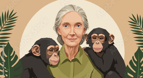 Celebrate wildlife conservation with this compelling illustration of a renowned primatologist surrounded by chimpanzees in a lush tropical environment, perfect for educational outreach